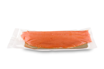 fillet red fish in vacuum-packed on white background