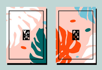 Cover with plant elements - monstera leaves. Blue, orange, turquoise, white, pink colors.Two abstract modern vector templates of flyers. A4 format.