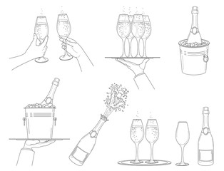 Champagne.  Set  different options   champagne explosion, champagne bottle in bucket with ice. Hands holding glasses of champagne. Elements  festive design.Vintage style. Isolated contour. Vector  © Larisa