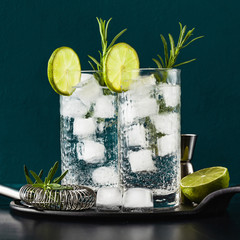 classic gin and tonic cocktail with rosemary sprigs in tall glasses on a table with bar accessories
