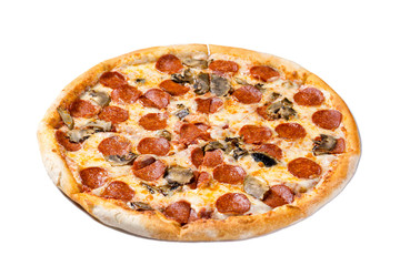 Italian cuisine. Fresh pepperoni pizza. Salami and mushrooms pizza isolated on white background.