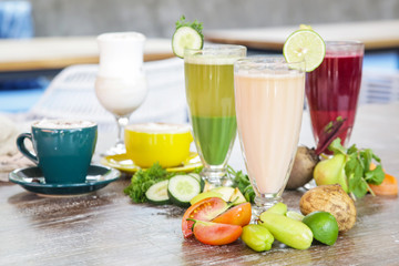 Different types of coffee and juices on the table	