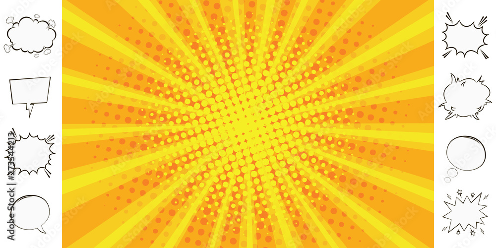 Poster pop art elements set - comic speech bubbles and sunburst background. empty dialog clouds and retro r