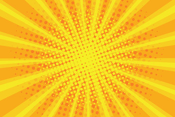 Pop art sunburst pattern, comic halftone background. Retro explosion backdrop. Radial rays with dots, yellow sunbeam. Vector illustration.
