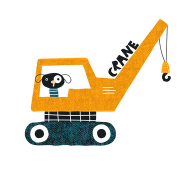 Funny dog in the crane. Kids hand drawn graphic. Vector illustration.