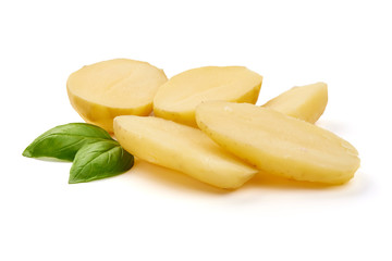 Boiled potato pieces, close-up, isolated on white background