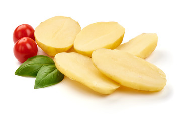 Boiled potato pieces, close-up, isolated on white background