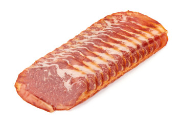 Prosciutto meat slices, Italian ham, close-up, isolated on white background