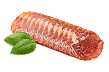 Prosciutto meat slices, Italian ham, close-up, isolated on white background