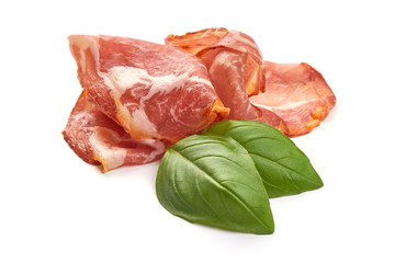 Prosciutto meat slices, Italian ham, close-up, isolated on white background