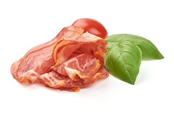 Prosciutto meat slices, Italian ham, close-up, isolated on white background