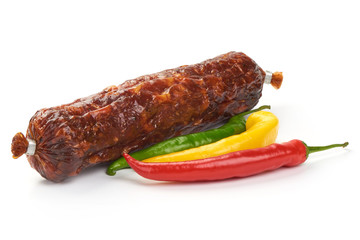 Smoked sausage, Italian dry meat, close-up, isolated on white background