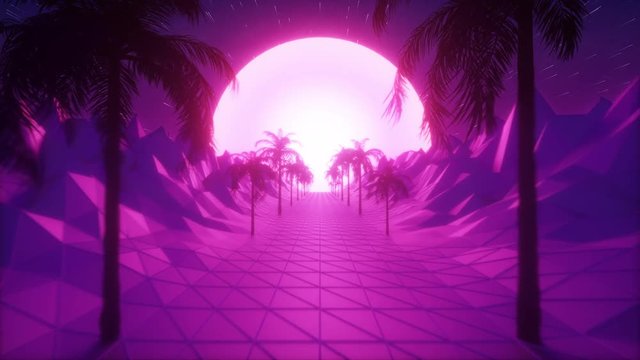 Flying in retro futuristic hyperspace background 80s style