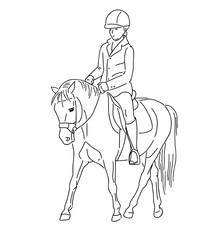 Line drawing of a girl riding a pony