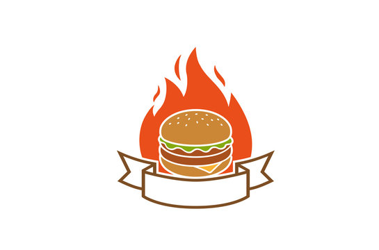 Creative Hamburger Fire Label Logo Design Symbol Vector Illustration