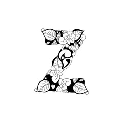 Fototapeta premium Floral letter outline illustration. Alphabet symbol for coloring book or laser cutting. Leaves, flowers, petals doodle drawing. Monochrome linear blossom. Monogram with black and white batik texture