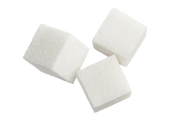 Close-up of three white sugar cubes, isolated on white background
