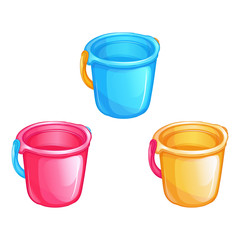 Set of multi-colored children's toy plastic buckets. Toys for sand, sandbox, beach. Vector cartoony isolated objects.