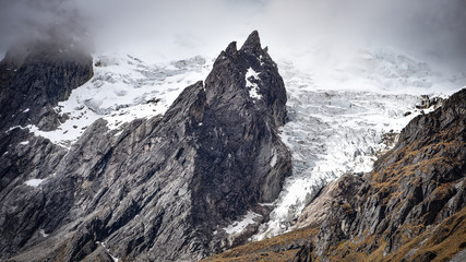 Rugged mountain peaks and glaciars in the Quesqa Valley, Cusco, Peru