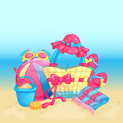 Summer beach composition on the background of the sea. Beach bag, hat, sandals, bouncy ball, sunglasses, plastic sand bucket, scoop. Cartoon vector objects.