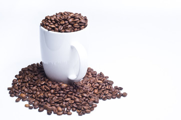 White cup with coffee beans on white background