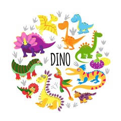 Flat Cute Funny Dinosaurs Round Concept