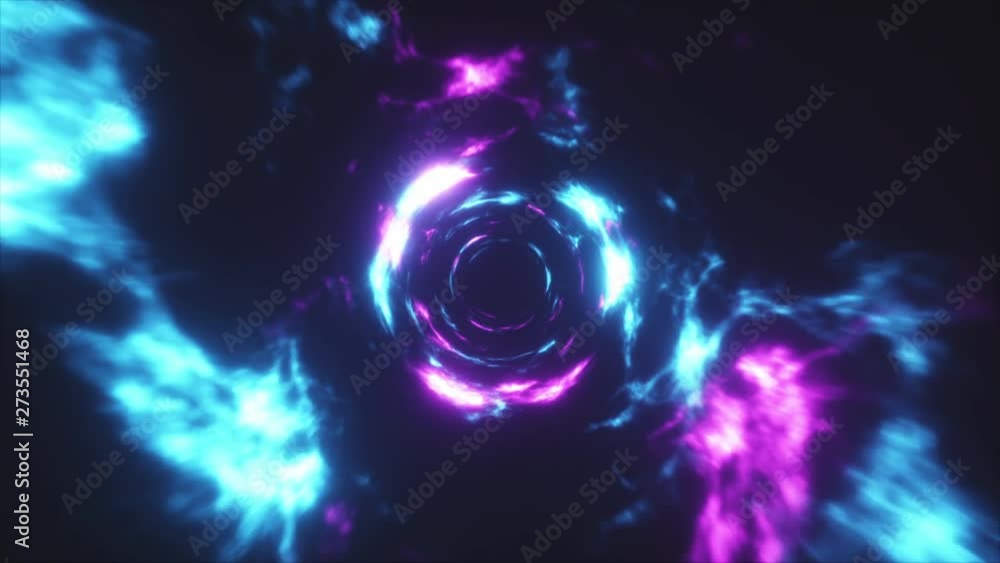 Poster flying in a colorful abstract energy tunnel in outer space. vortex energy flows in modern blue purpl
