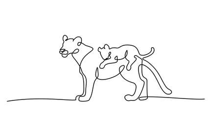 Poster Im Rahmen Young lioness with lion cub one line drawing © Valenty