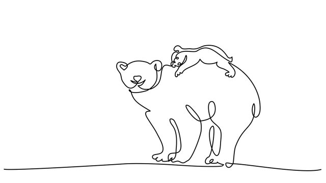 Polar bear with baby cub one line drawing