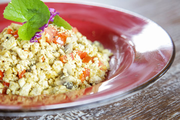 Simple tofu scramble, a vegan alternative to scrambled eggs.