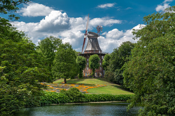 Bremen, Germany. The Wallanlagen Park with historic windmill dating back over a century.