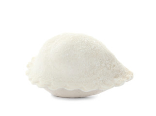 Raw dumpling with tasty filling on white background