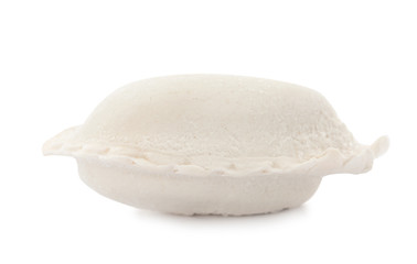 Raw dumpling with tasty filling on white background