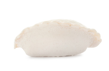 Raw dumpling with tasty filling on white background