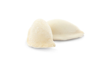 Raw dumplings with tasty filling on white background