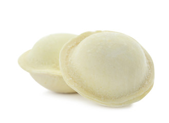 Raw dumplings with tasty filling on white background