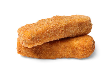 Tasty crispy cheese sticks isolated on white