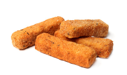 Pile of tasty cheese sticks isolated on white