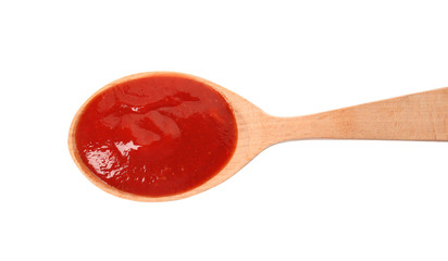 Spoon of tasty tomato sauce isolated on white, top view