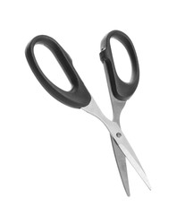 Pair of sharp scissors on white background