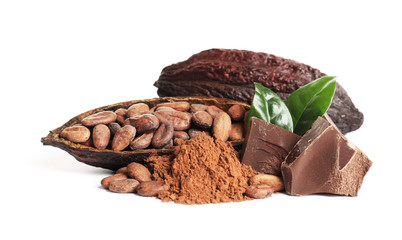 Composition with cocoa products on white background