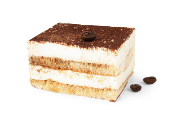 Classic Italian tiramisu cake isolated on white