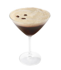 Glass of Espresso Martini with coffee beans on white background. Alcohol cocktail