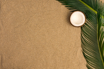 Fototapeta na wymiar Beach theme on the sand background. Palm leaves, coconut on the sand. Top view.