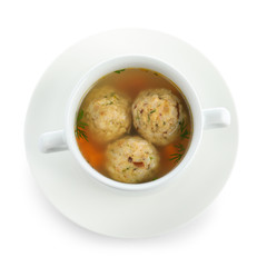 Bowl of Jewish matzoh balls soup isolated on white, top view