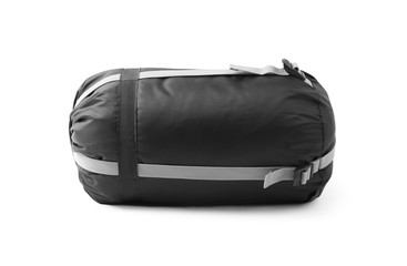 Fototapeta premium Case with sleeping bag on white background. Camping equipment