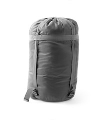 Case with sleeping bag on white background. Camping equipment