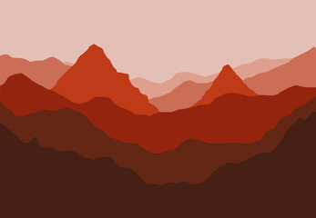 Digital illustration of mountains and trees red