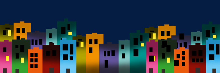 Digital illustration of city colourful buildings at night