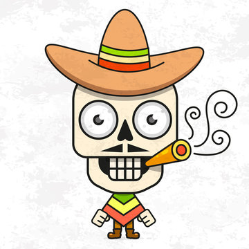 Cartoon Mexican Sugar Skull Vector Illustration For Dia De Los Muertos . Cute Male Skull